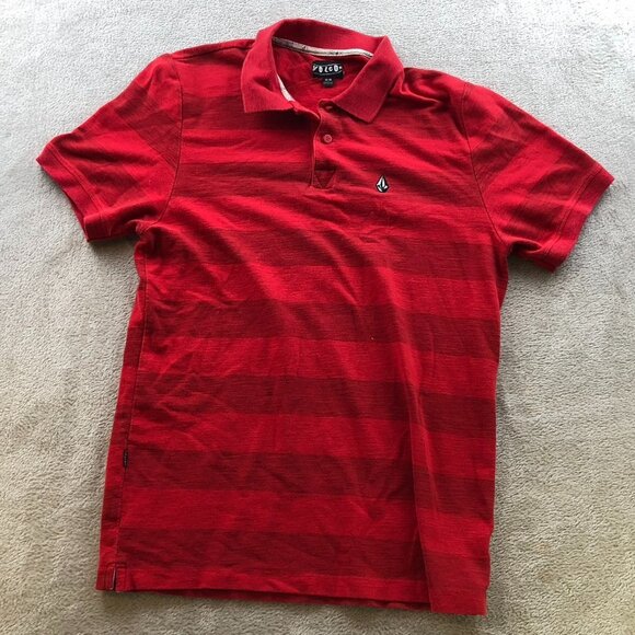 Volcom Mens Polo Shirt Medium Striped Casual Lightweight Short Sleeve Red Y2K - Picture 12 of 13